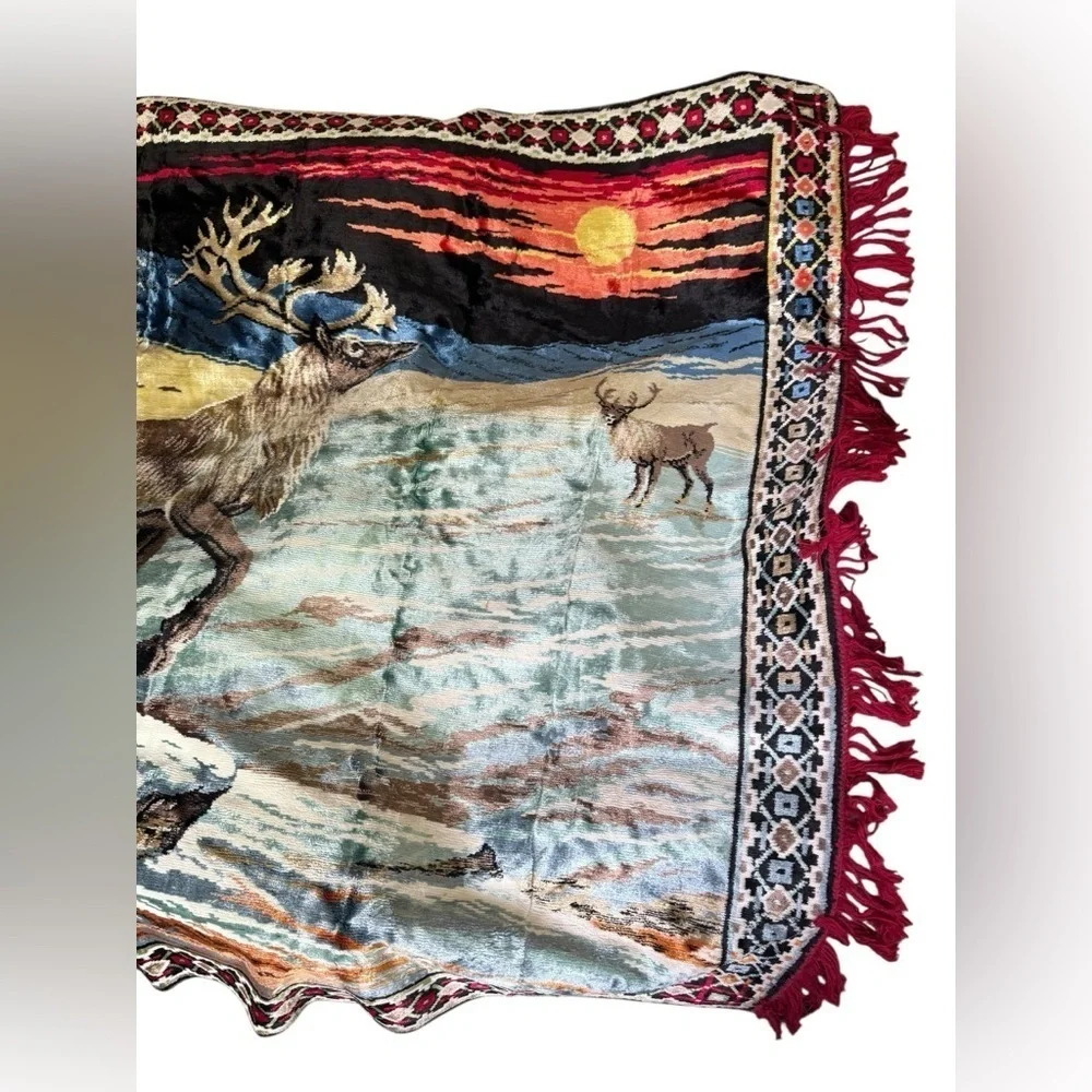 VTG 70's Reindeer Caribou Elk Velveteen Christmas Cabin Tapestry Decor BIG
